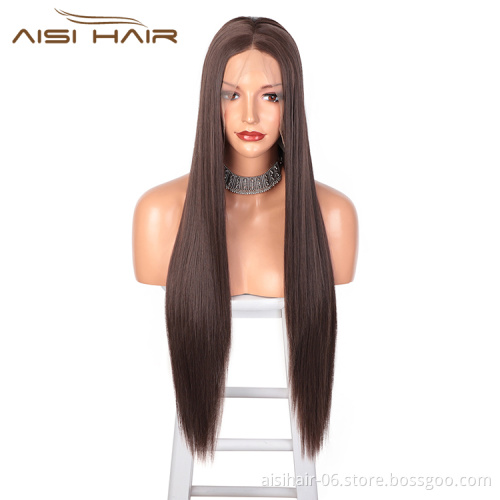 Aisi Hair Silky Straight Brown Synthetic Long Wig Wholesale Swiss Lace Wig Synthetic Hair Front Lace Wigs For Black Women